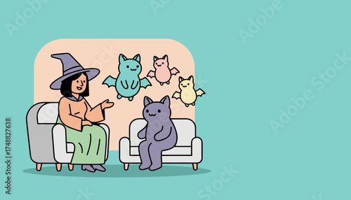 Friendly witch cat and bats in a whimsical Halloween scene Perfect for childrens content