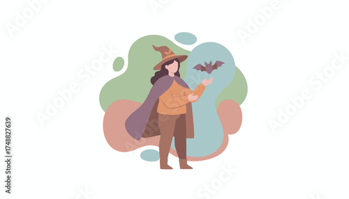 Young witch in a pointed hat and cape conjuring a bat ideal for Halloween and magic themes
