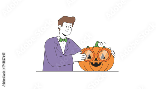 Man in suit with a festive smiling jackolantern wearing glasses Halloween fun  creativity