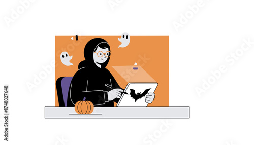 Person drawing Halloween bat on tablet with ghosts and pumpkin Festive creativity for holiday design