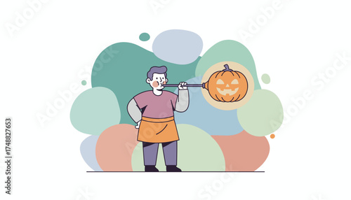 Craftsman glassblowing a festive Halloween pumpkin Handmade art creative skill holiday decoration