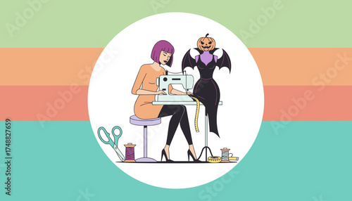 Woman sewing a spooky Halloween bat costume with a pumpkin head for festive celebration