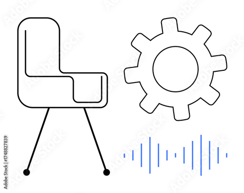 Minimalist chair, gear, and soundwave representing work, productivity, sound, technology, office setup, collaborative design creativity. Ideal for workplace innovation tech collaboration