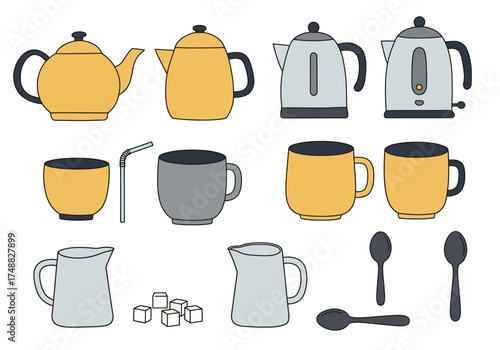 Collection of Tea and Coffee Service Items Teapots, Mugs, and Accessories