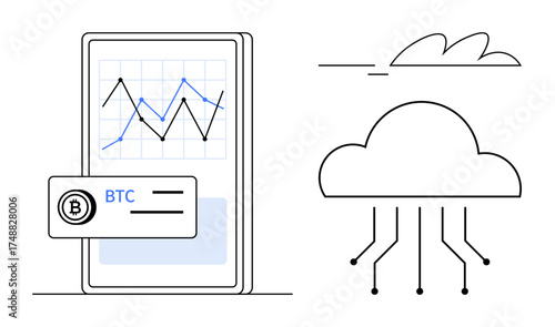 Mobile screen with financial chart, BTC card integration, and a digital cloud with connecting lines. Ideal for cryptocurrency, blockchain, investing, fintech, cloud data, analytics and technology