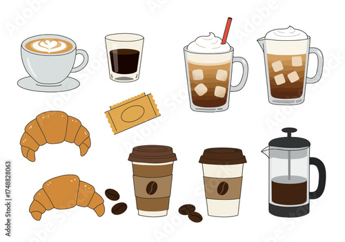 Coffee Break Vector Art Croissants, Espresso, and Brewed Delights
