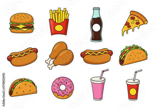 Cartoon Fast Food Icons Colorful and Appealing Vector Set
