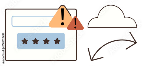 Warning signs overlaying a password input field and cloud synchronization arrows. Ideal for security, alert, password management, cloud storage, data protection, online safety, backup. Simple flat