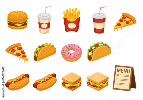 Isometric Fast Food Feast Burgers, Pizza, Tacos, Hot Dogs, and Sweet Treats