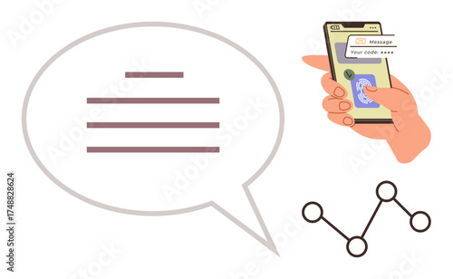 Hand holding smartphone showing security code, speech bubble, connected nodes. Ideal for messaging, security, data, technology, communication authentication collaboration. Simple flat metaphor