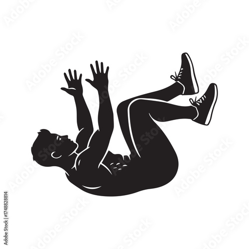 Black silhouette of a man falling backward, isolated on a white background. Vector illustration symbolizing accident, risk, failure, or stunt.
