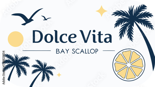 Dolce Vita Bay Scallop Logo with Palm Trees and Seagulls seafood restaurant