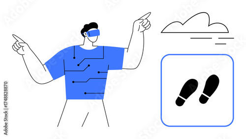 Person wearing VR headset with visible circuitry on shirt gestures toward cloud and footprint icon. Ideal for technology, virtual reality, innovation, future, mobility, connection, cloud computing