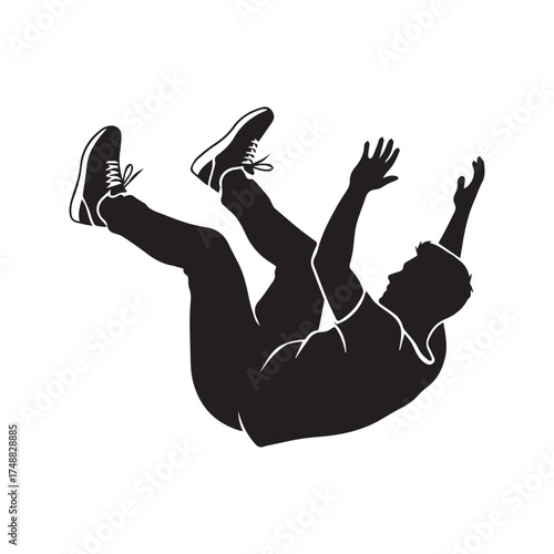 Black silhouette of a man falling backward, isolated on a white background. Vector illustration symbolizing accident, risk, failure, or stunt.
