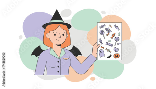 Happy woman in witch hat and bat wings holds Halloween candy sheet for trick or treat fun