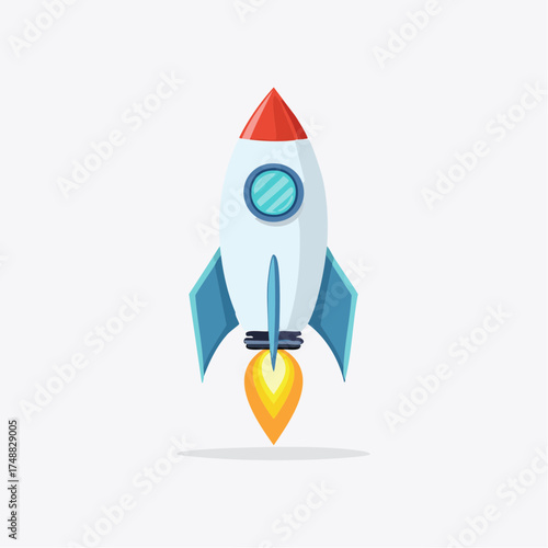 Illustration of a cartoon rocket ship blasting off against a minimalist backdrop design
