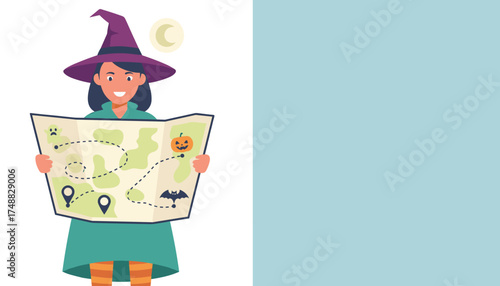 Smiling witch holding a Halloween quest map with spooky elements ideal for holiday fun