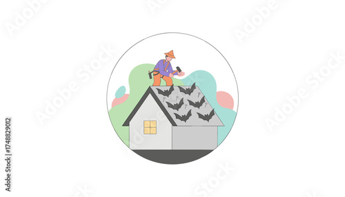 Roofer fixing Halloween bat shingles on a house Home maintenance spooky repair construction lifestyle