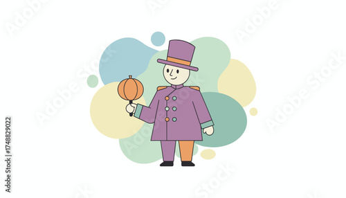 Smiling cartoon ringmaster in uniform and top hat holding a festive object Event entertainment or celebration