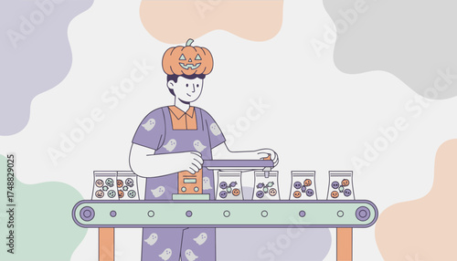 Festive worker in pumpkin hat packs Halloween candy bags on a production line
