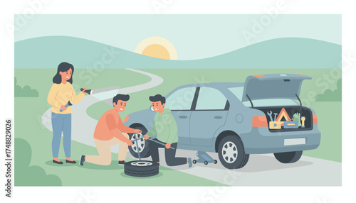 Travelers changing a flat tire on a car by the road teamwork in roadside repair at sunset