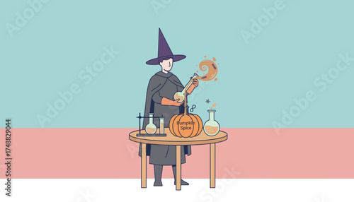 Autumnal magic a witch concocts pumpkin spice in laboratory flasks for seasonal treats