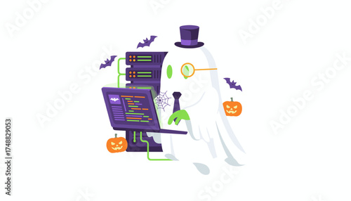 Spooky ghost programmer coding on a laptop with server racks bats and pumpkins for Halloween tech