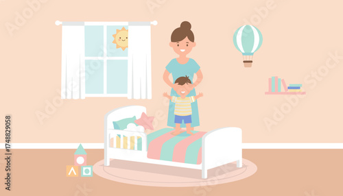 Mother playing peekaboo with happy son in bright bedroom Family childhood parenting concept