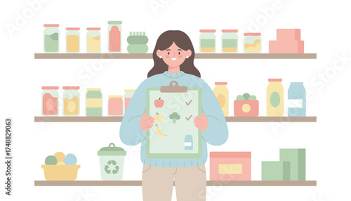 Smiling woman organizing pantry with a healthy grocery list Meal planning mindful eating home lifestyle