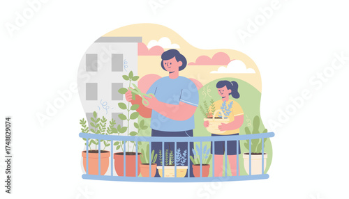 Adult and child gardening together on a cozy apartment balcony cultivating potted plants