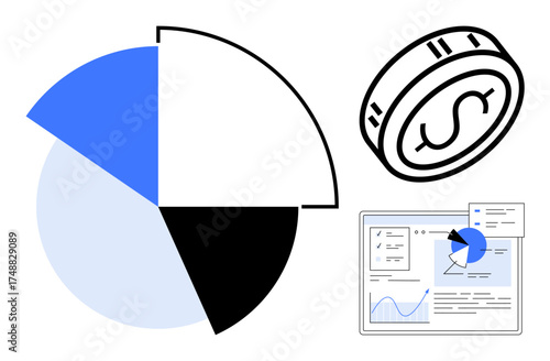 Pie chart, dollar coin, and data dashboard with graphs and analytics, representing finance, investment, and data insights. Ideal for business planning, budgeting, fintech analysis and simple