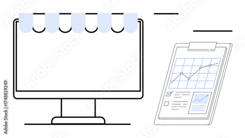 Computer monitor with tabs and a clipboard displaying charts and analytics. Ideal for data analysis, business strategy, project management, productivity tools, monitoring trends, academic research