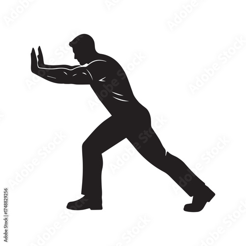 Silhouette of a man pushing with force. Vector illustration symbolizing effort, strength, resistance, and overcoming obstacles.
