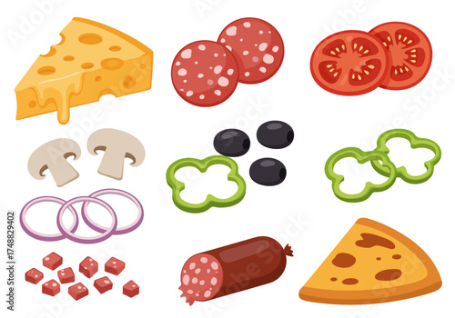 Assorted Pizza Toppings Illustration Cheese, Pepperoni, Vegetables