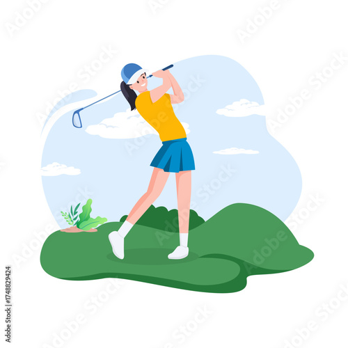 Woman playing golf on a sunny day on a green golf course with mountains in the background.