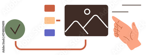 Hand pointing to mountain image and palette, green checkmark indicating completion. Ideal for organization, workflow, task management, digital interaction, productivity, creative process, simple flat