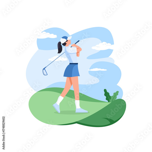 Woman playing golf on a sunny day on a green golf course with mountains in the background.