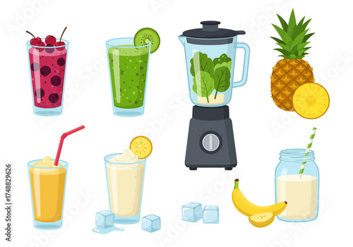Vibrant Assortment of Freshly Blended Smoothies and Ingredients