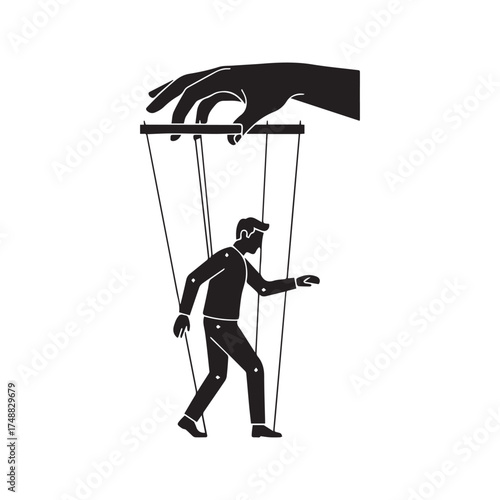 Puppet master's hand controlling a man marionette on strings. Black silhouette vector concept for manipulation, dominance, and corporate authority.
