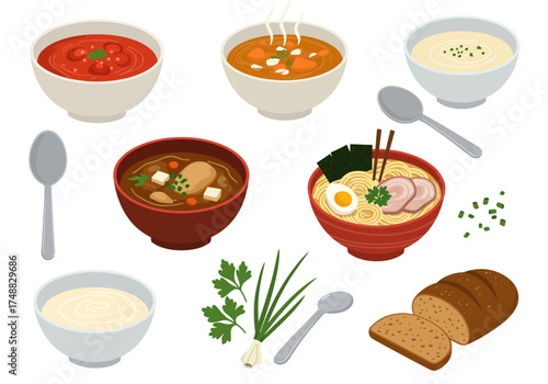 Various Soups Tomato, Carrot, Cream, Meat, Ramen, and Parsley with Bread