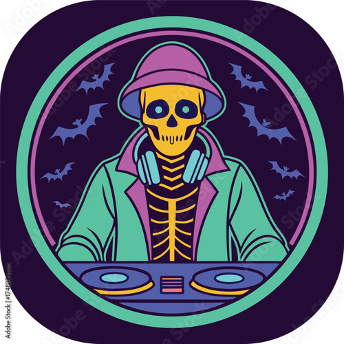 Skeleton DJ With Headphones And Turntables Surrounded By Bats music disc jockey