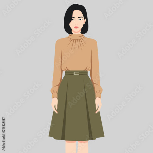 flat vector of young asian businesswoman with short bob haircut wearing long sleeve tan blouse and green skirt, Business casual attire