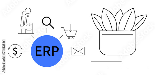 Blue ERP hub linking resources, finance, supply chain, email, shopping cart, factory, magnifier icon. Ideal for technology, business strategy management efficiency sustainability automation