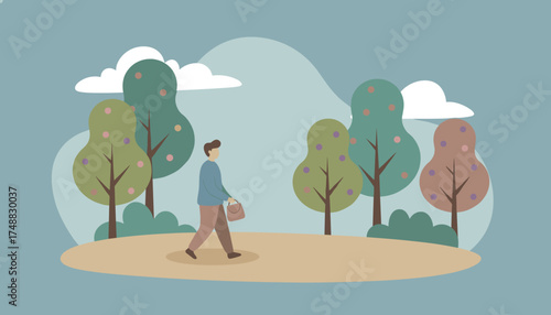 Man walking through a stylized park with fruit trees and clouds carrying a bag Nature lifestyle daily life
