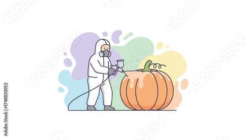 Person in protective suit spray painting a pumpkin creative Halloween decoration or DIY concept
