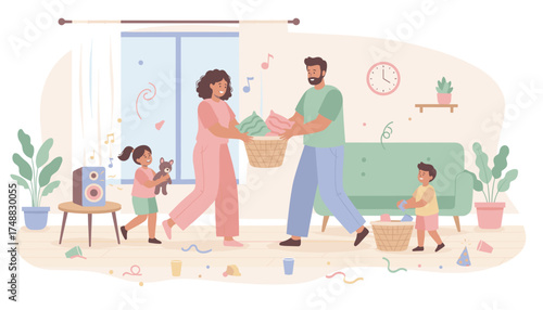 Happy family cleaning living room after a party Parents and kids work together in a cozy home
