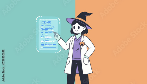 Healthcare professional in witch hat explains ICD10 codes blending education with Halloween