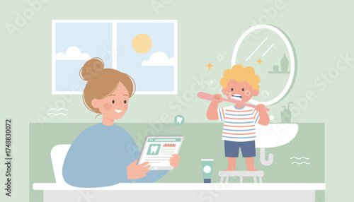 Mother and son establish healthy dental habits Mom uses a tablet child brushes teeth
