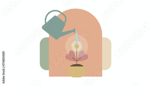 Watering can nurtures a potted plant symbolizing growth investment and sustainability