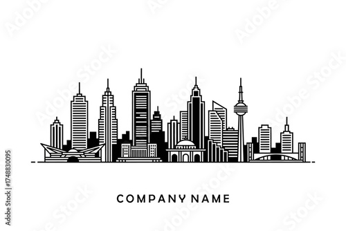 A detailed skyline illustration featuring iconic buildings, a bridge, and a tower against a white background
